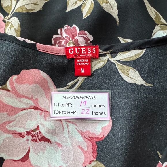 Guess Women Top Sz M Black Red Floral Print VNeck Front Waist Tie Cuffed Sleeves - Picture 6 of 9